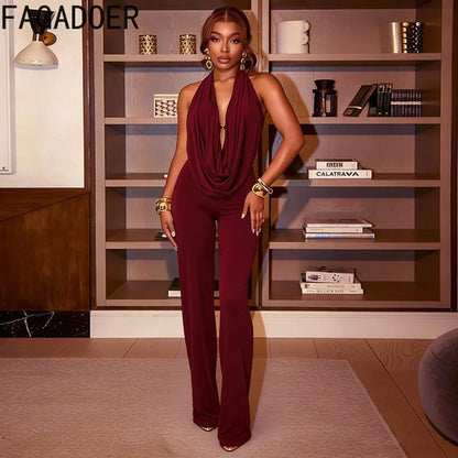 FAGADOER Sexy Solid Color Bodycon Jumpsuits Woman Halter Deep V-neck Sleeveless Backless Rompers Female Streetwear Overalls 2026