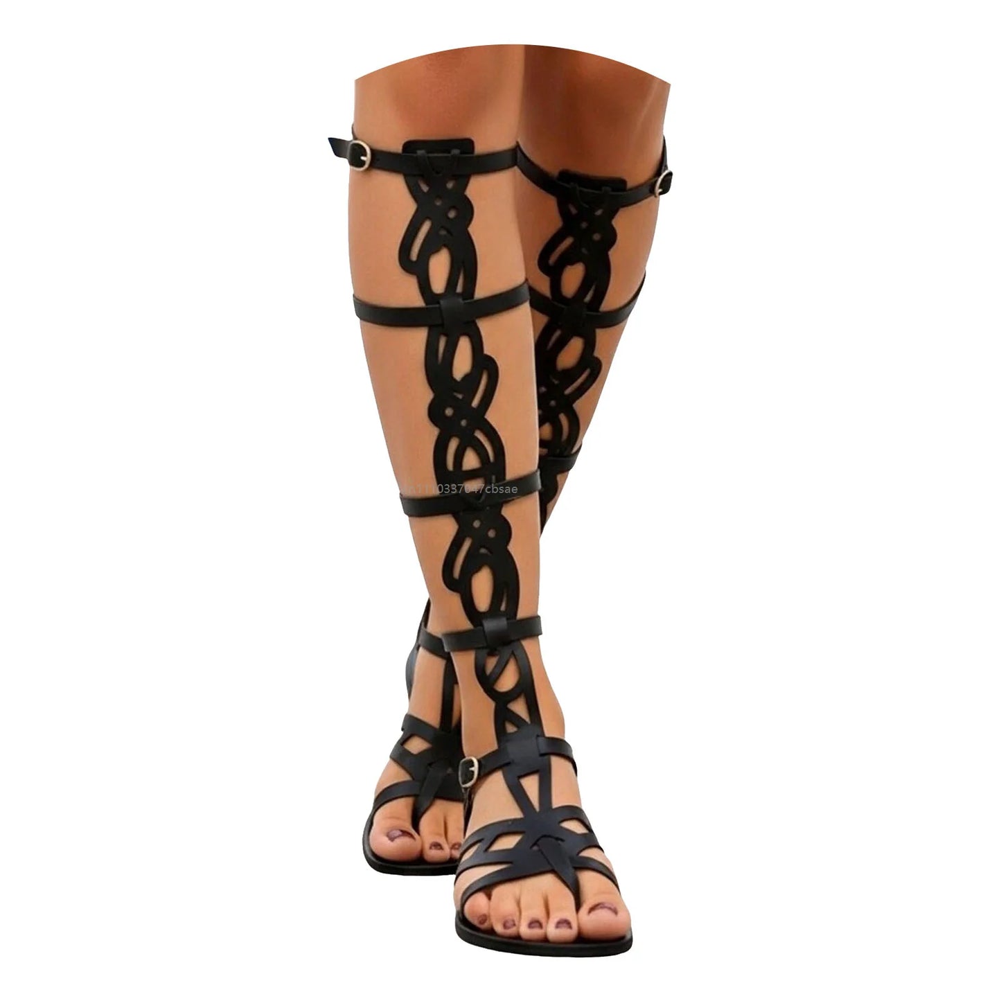 Women Hollow Out Multi Buckle Strap Flat Open Toe Shoes Greek Style Knee High Gladiator Sandals Summer Vacation Festival Sandal