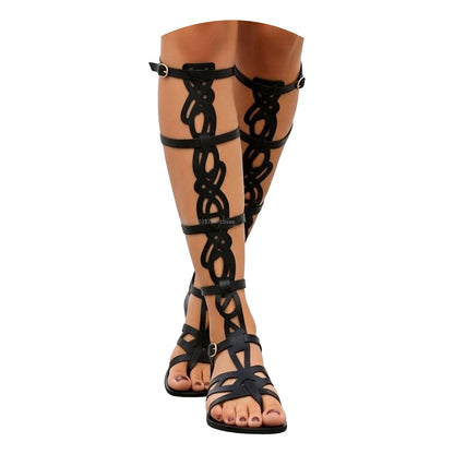 Women Hollow Out Multi Buckle Strap Flat Open Toe Shoes Greek Style Knee High Gladiator Sandals Summer Vacation Festival Sandal