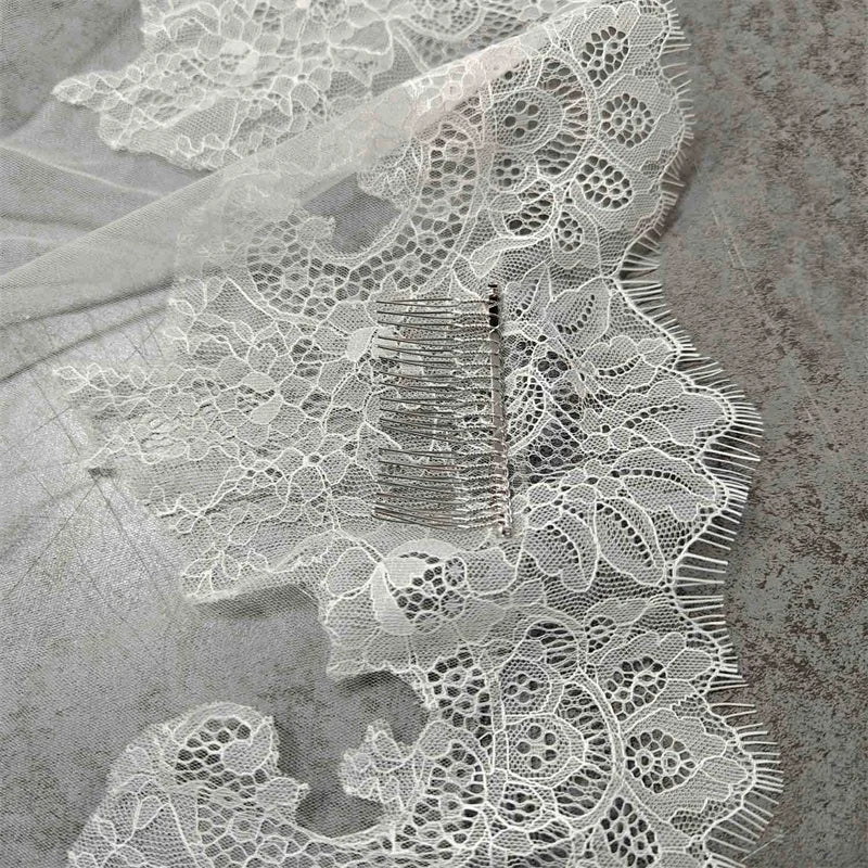 Customized Wedding Veil with Chantilly Eyelash Lace, 2m/2.5m/3m Mantilla Veil, Ivory Bridal Veil with Hidden Comb