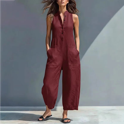 Cotton And Linen Jumpsuit Women Stand Collar Sleeveless Pocket High Waist Wide Legs Jumpsuits Casual Commuting Ladies Bodysuits