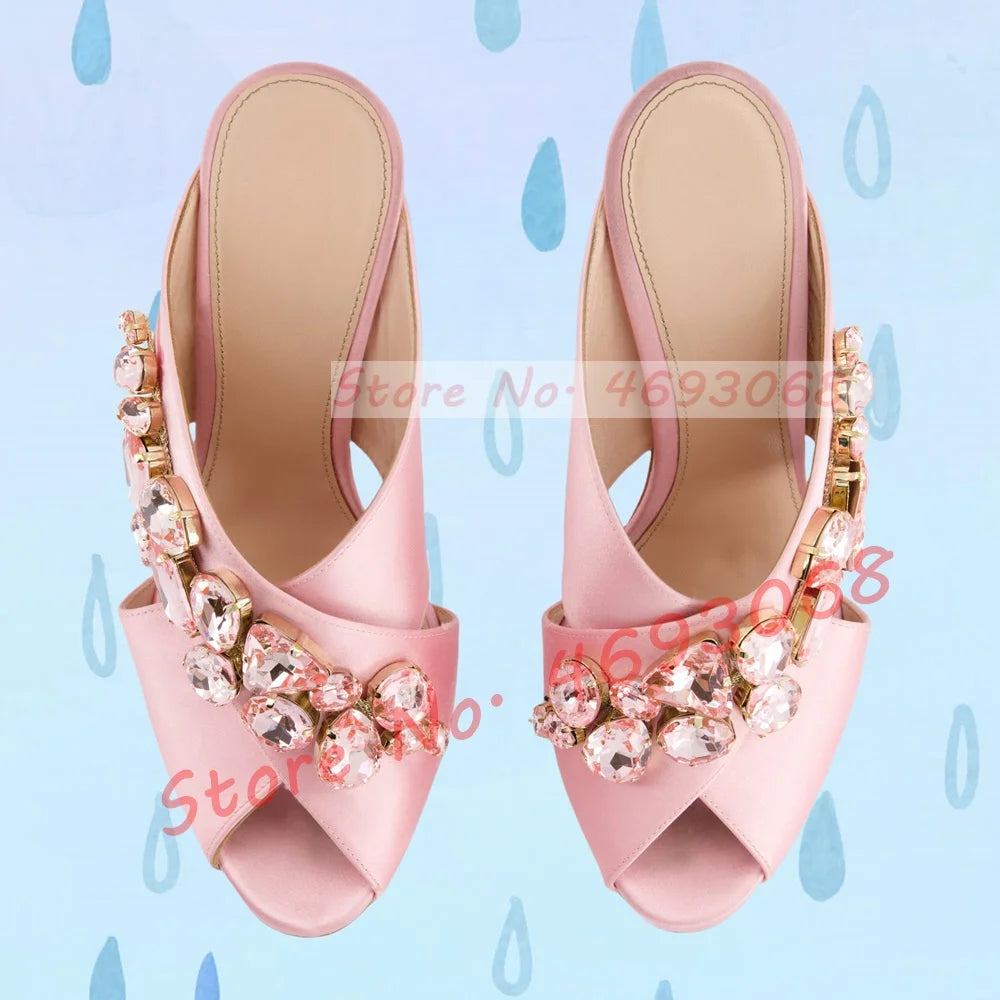 Gems Silk Chunky High Heels Slippers Women Luxury Cross Strap Rhinestone Mules Ladies Stylish Summer Bling Open Toe Party Shoes
