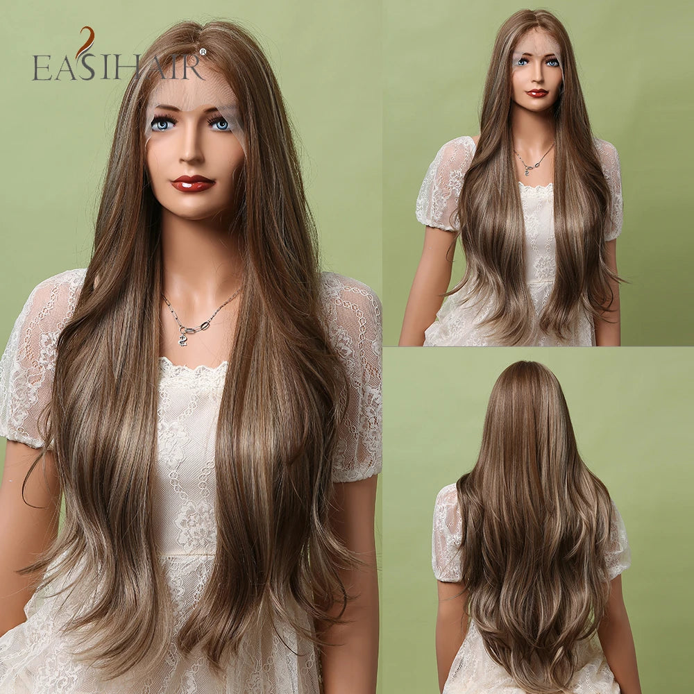 EASIHAIR Lace Front Hair Wigs Brown Long Straight Synthetic Lace Wigs for Black Women Daily Cosplay Party Heat Resistant Fibers