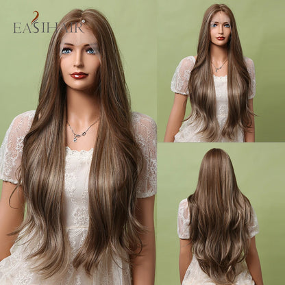 EASIHAIR Lace Front Hair Wigs Brown Long Straight Synthetic Lace Wigs for Black Women Daily Cosplay Party Heat Resistant Fibers