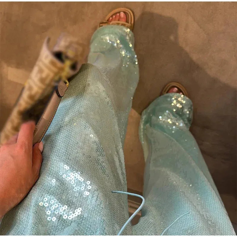 Women Solid Sequined Straight Pants Loose High Waist Wide Leg Trousers Lady Summer Chic Y2K High Street Pants