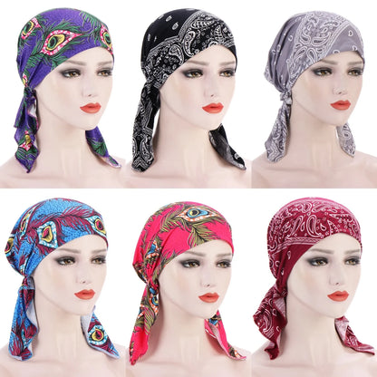 2026 New Trendy Print Muslim Fashion Hijab Turban Bonnet Long Tail Head Wraps Soft Elastic Hijab Hats Chemo Cap For Women Girls