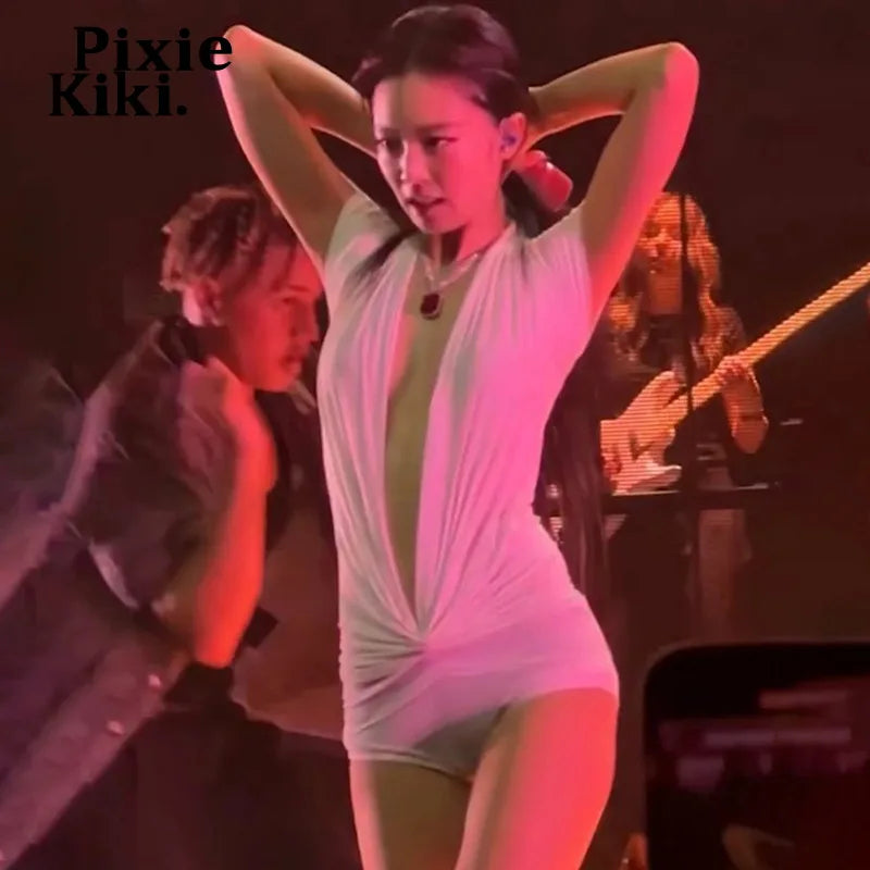 PixieKiki Sexy White Summer Rompers Deep V Neck Short Sleeve Jumpsuits One Pieces Outfits Korean Fashion Playsuit Woman P71-CZ16