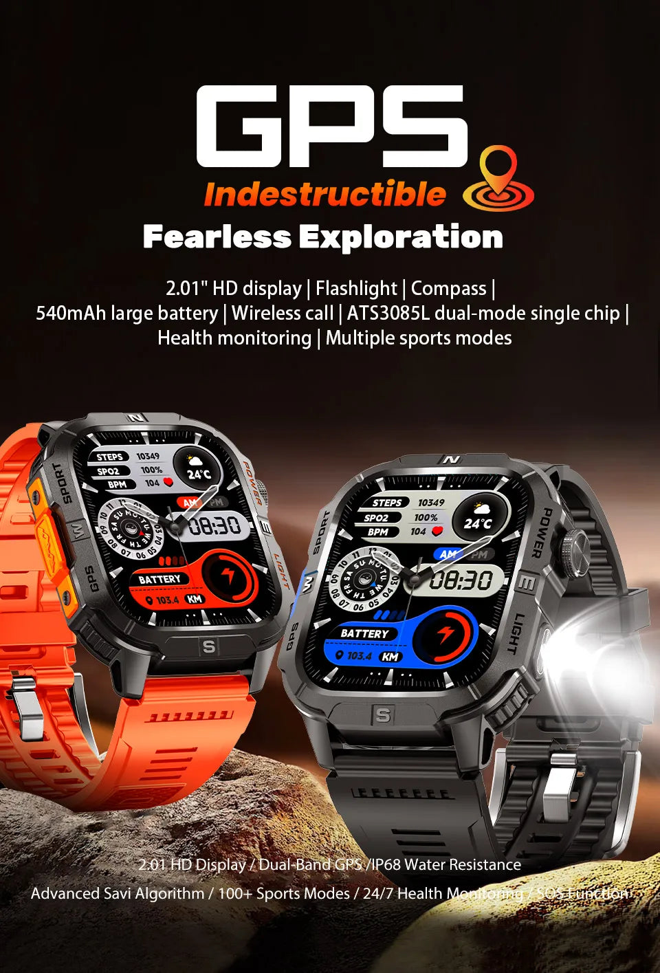 2026 New Outdoor Military Men's Smartwatch Is Equipped With GPS LED Lighting, A Compass, Wireless Communication, IP68 Waterproof