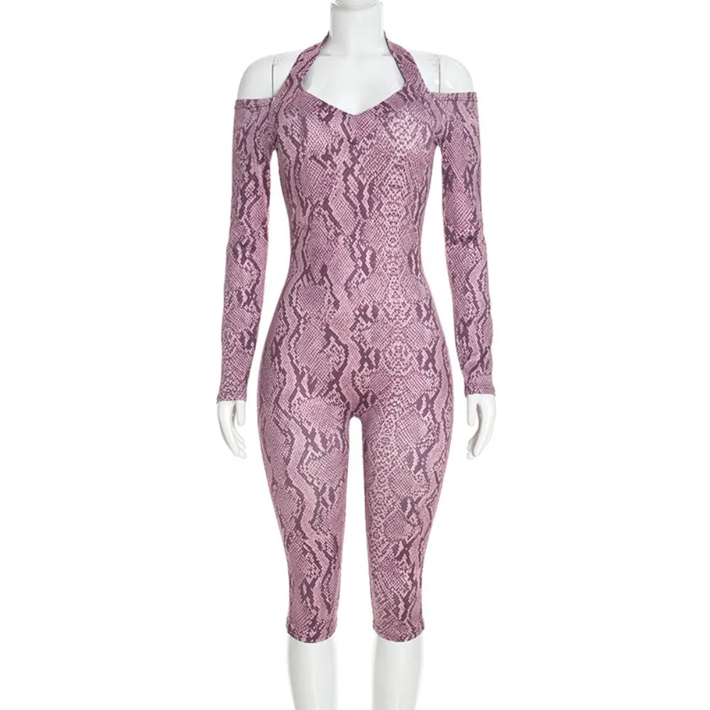 FLARORA Sexy Serpentine Print Jumpsuits Woman Halter Off-shoulder Full Sleeve Skinny Peach Hip Playsuits Hottie Party Clubwear