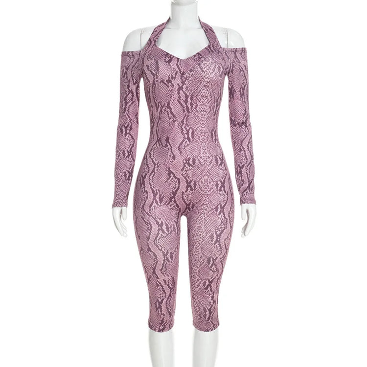 FLARORA Sexy Serpentine Print Jumpsuits Woman Halter Off-shoulder Full Sleeve Skinny Peach Hip Playsuits Hottie Party Clubwear