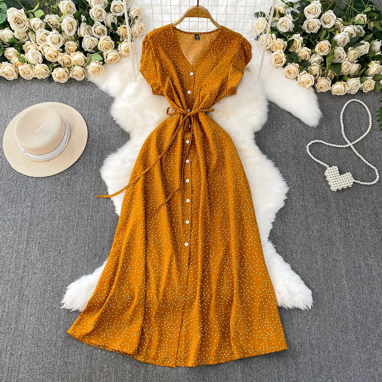 Summer Women Polka Dot Long Dress Vintage V-Neck Flying Sleeve High Waist Single Breasted A-Line Casual Vestidos Female Robe New