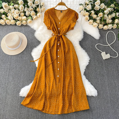 Summer Women Polka Dot Long Dress Vintage V-Neck Flying Sleeve High Waist Single Breasted A-Line Casual Vestidos Female Robe New