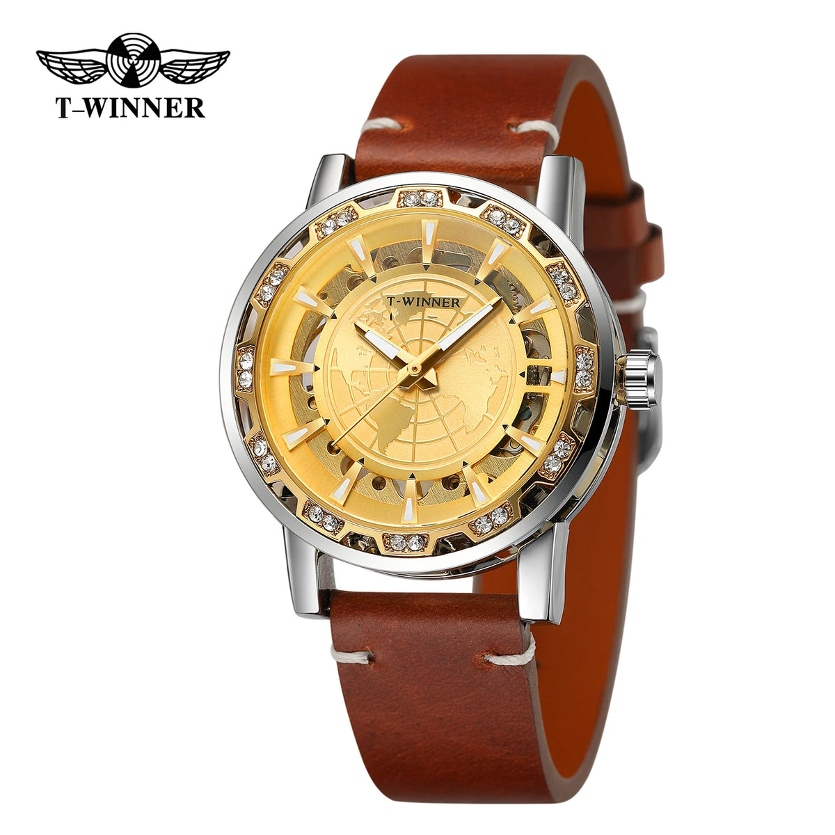 Winner Design World Map Transparent Skeleton Mechanical Watch for Men Fashion Diamond Luminous Luxury Leather Strap Unisex