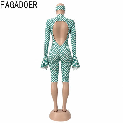 FAGADOER New Polka Dot Jumpsuits Women Autumn Long Flare Sleeve Rompers with Headscraft Back Hollow Out Sexy Bodycon Streetwear
