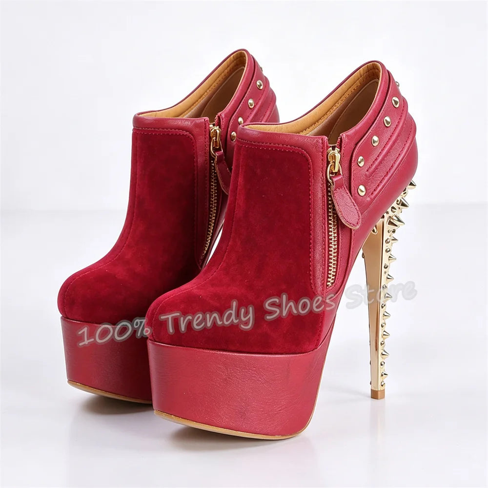 Gold Spikes Rivet Stiletto High Heel Ankle Boots Women Platform Faux Suede Patchwork Side Zipper Short Boots Plus Size 34-46