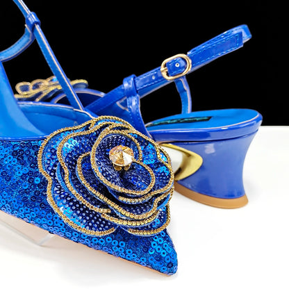 New Arrival Fashion Flower Design Party Wedding Royal Blue Color Pointed Toe Women Shoes and Bag Set Decorated With Rhinestone