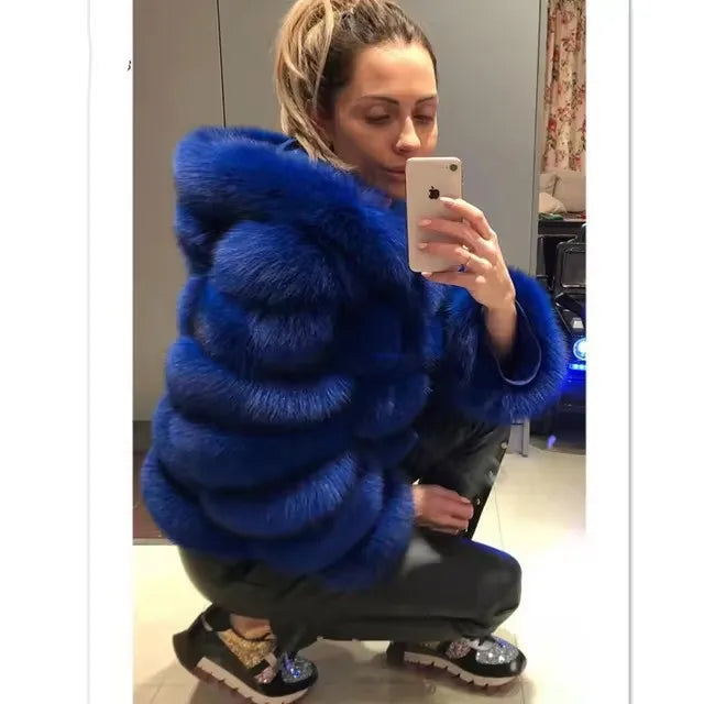 Fashion Winter Women Imitation Fox Fur Jacket Hooded Loose Long Sleeves Female Eco Fur Coat Patchwork Plush Thick Lady Fur Coat