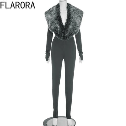 FLARORA Luxury Faux Fur Furry Patchwork Jumpsuits Woman Deep V-Neck Long Sleeve Slim One Piece Rompers Midnight Party Clubwear