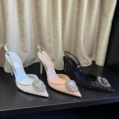 Luxury Diamond Pearls Lace Mesh Women Pumps Elegant Pointed toe Thin High heels Fashion Summer Slingbacks Wedding Party Shoes