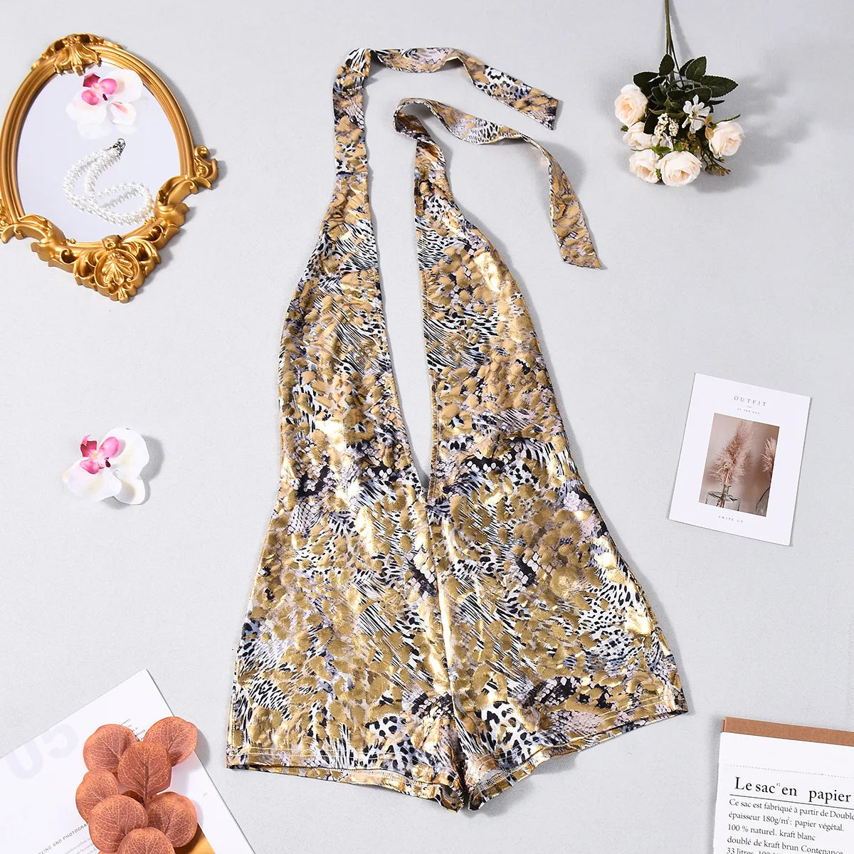 Weird Puss Sexy Halter Romper Women Leopard Print Backless Sleeveless Deep V-Neck Summer Sexy Skinny Club Midnight Playsuits