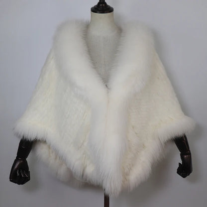 Women 100% Real Rabbit Fur Shawl Scarf With Fox Fur Collar Winter Warm Knitted Rabbit Fur Poncho Girls Party Fashion Accessories