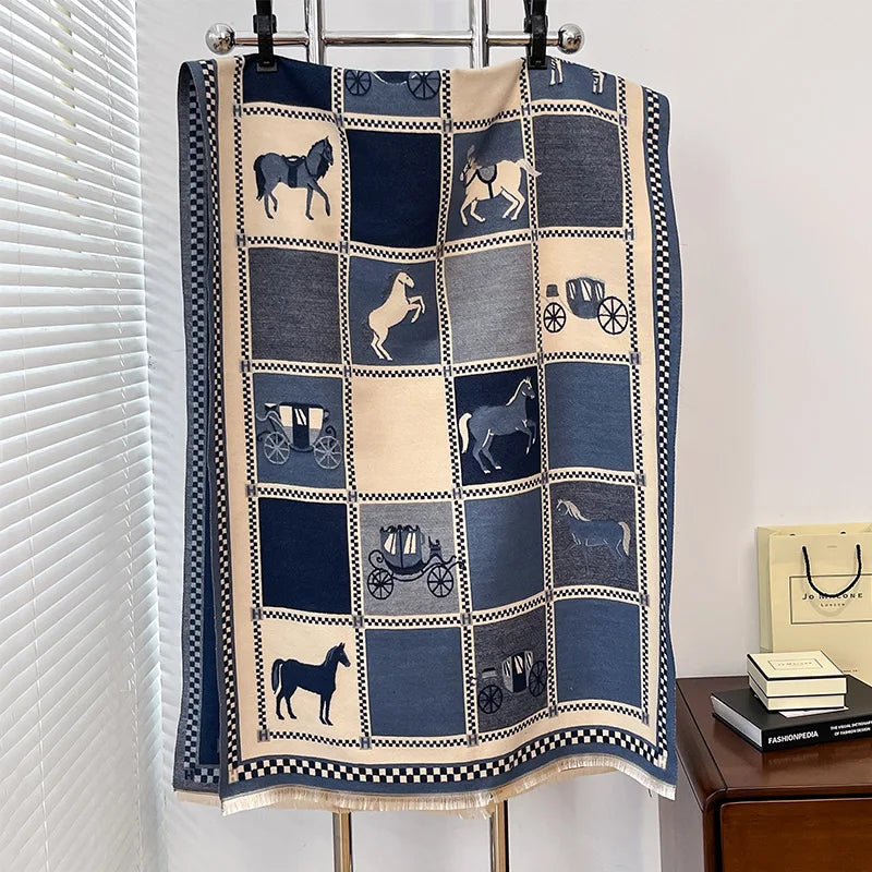 Luxury Warm Poncho Cashmere Winter Women Scarf Horse Print Shawl Wraps Female Thick Pashmina Blanket Bufanda Travel Echarpe 2024