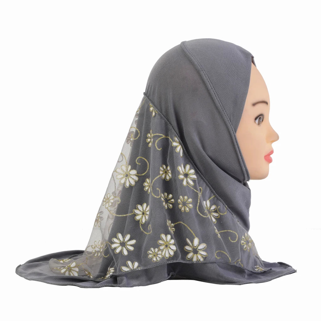 H043 beautiful small girl hijab with flower net cute hijab hats women's caps can fit 2-6 years old girls muslim baby headscarf