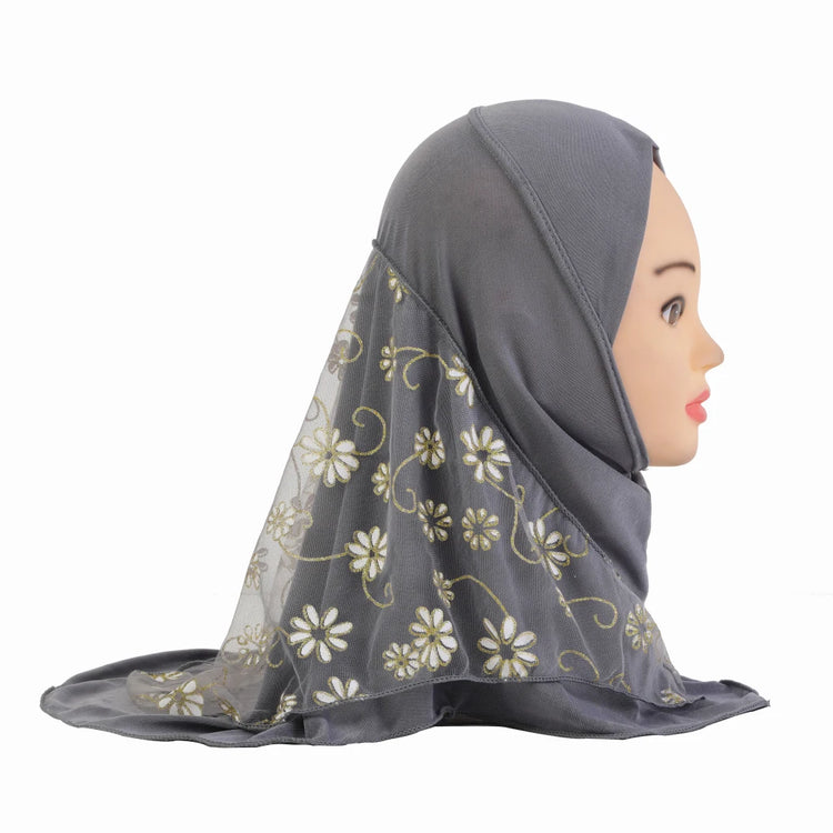 H043 beautiful small girl hijab with flower net cute hijab hats women's caps can fit 2-6 years old girls muslim baby headscarf