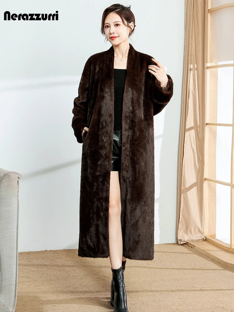 Nerazzurri Autumn Winter Long Brown Thick Warm Elegant Luxury Fluffy Faux Mink Fur Coat Women V Neck Sashes Chic Furry Overcoat