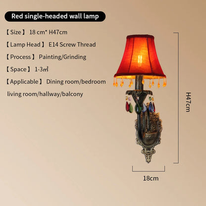 Retro American European Iron Art Red Cloth Crystal Wall Lamp for Hall Restaurant Bedroom Walkway Hotel Bar Decorative Wall Light
