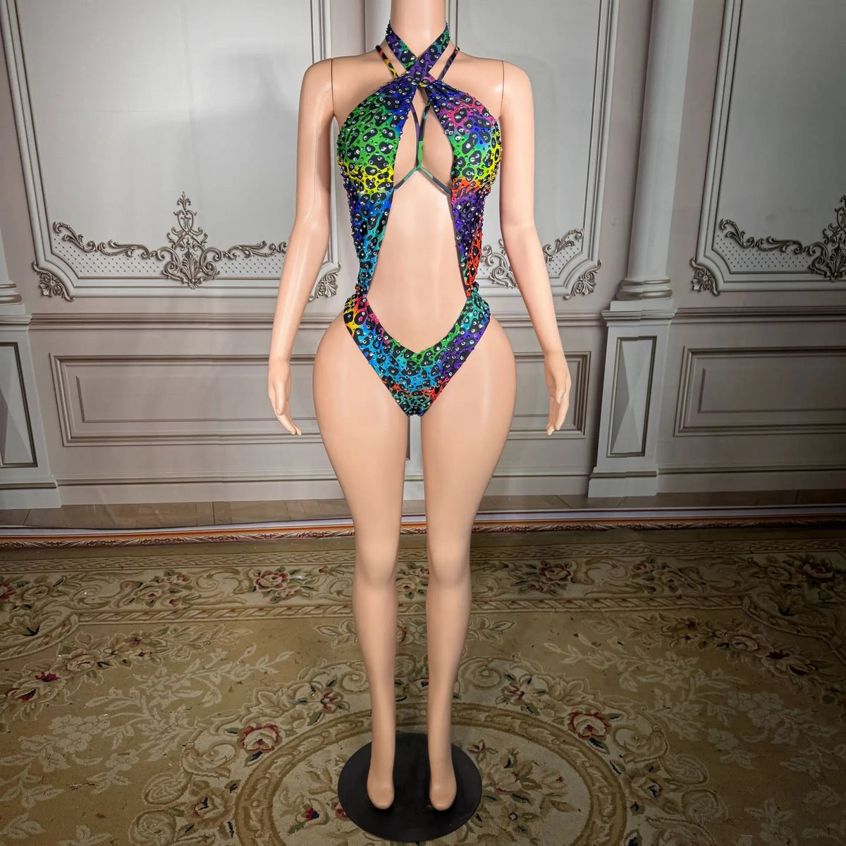 2026 New Color Leopard Print Waterdrop Beads Hollow Strap One-Piece Swimming Suit for Beach Vacation and Tight-Fitting Swimwear