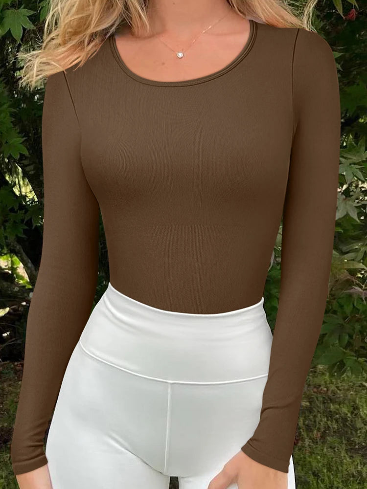 Long Sleeve Yoga Sports Bodysuits 2025 Autumn Solid Color Circular Collar Elastic Romper Sexy Women Jumpsuits