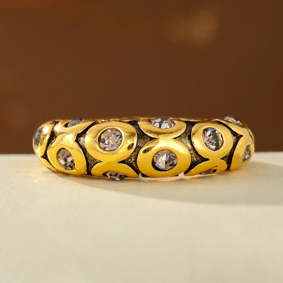Retro Distressed Relief Geometric Pattern Inlaid with Artificial Gemstones Made of Copper. Women's Ring for Street Parties.