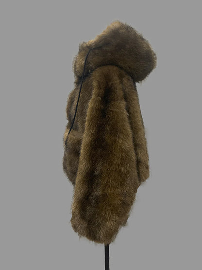 Nerazzurri Winter Short Oversized Thick Warm Shaggy Fuzzy Faux Fox Fur Coat Women Pockets Single Breasted Fluffy Hooded Jacket