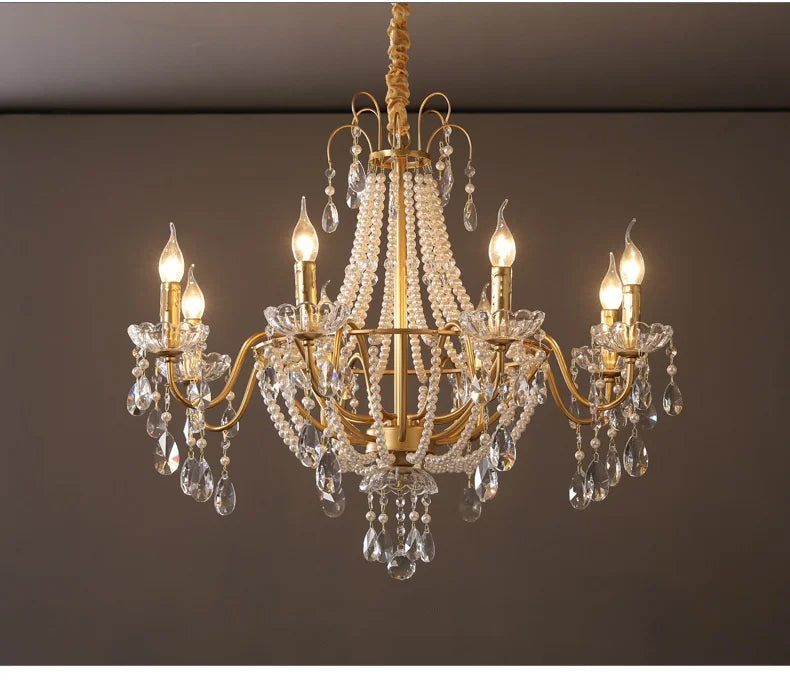 European Living Room Gold Candle E14 Chandelier Luxury Crystal Pearl Led Pendant Lights Villa Decor Led Suspend Lamp Luminarias