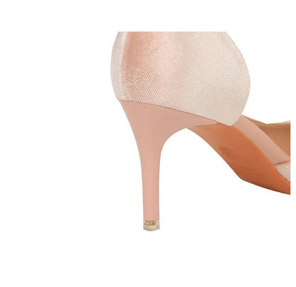 BIGTREE Party Pumps 7cm Thin High Heels Western Style Velvet Shallow Pointed Toe Side Hollow Crystal Pearl Bow Lady Shoes Pink