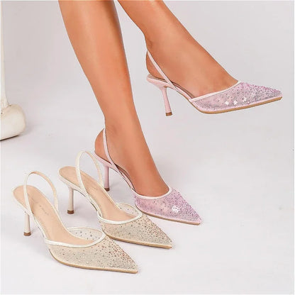 Rhinestone Luxury Heeled Sandals Women Shiny Mesh Mules Shoe Breathable Pointed Toe Pumps Women Elegant High Heels Wedding Shoes
