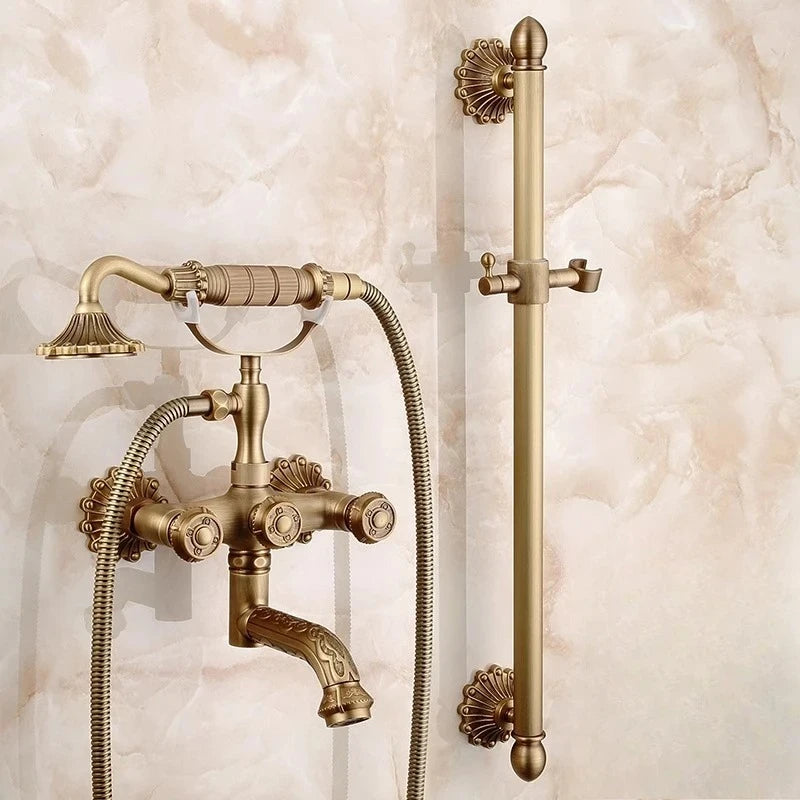 Antique Brass Bathtub Shower Faucets Set Wall Mounted Bath Shower Set Swivel Tub Spout Bath Shower Dual Control Carved Mixer Tap