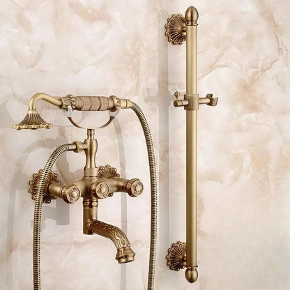 Antique Brass Bathtub Shower Faucets Set Wall Mounted Bath Shower Set Swivel Tub Spout Bath Shower Dual Control Carved Mixer Tap