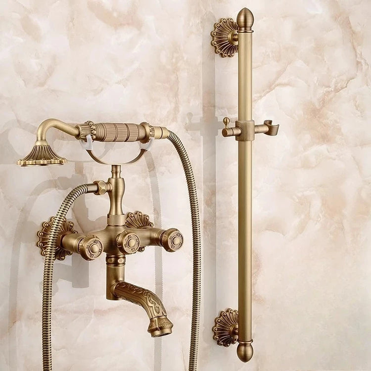 Antique Brass Bathtub Shower Faucets Set Wall Mounted Bath Shower Set Swivel Tub Spout Bath Shower Dual Control Carved Mixer Tap