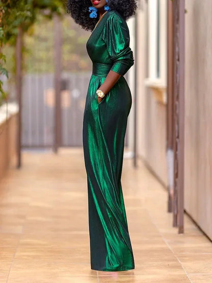 Uoozee Female Fashion Sexy Deep V-neck High Waisted Wide Leg Jumpsuits 2025 New Long Sleeves Solid Color Loose Party Outfits