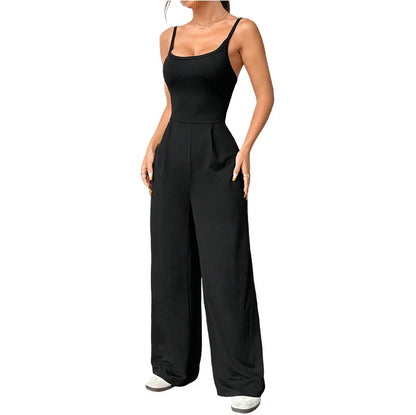 Casual Jumpsuit Jumpsuits For Woman Sling Women's Clothing Solid Color Backless Sleeveless Loose Wide Legs Trouser Simple Style