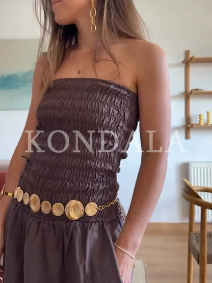 KONDALA Women High Street Trendy Jumpsuit Strapless Pockets Pleated Jumpsuits New Fashion 2026 Spring Summer Holiday Jumpsuit