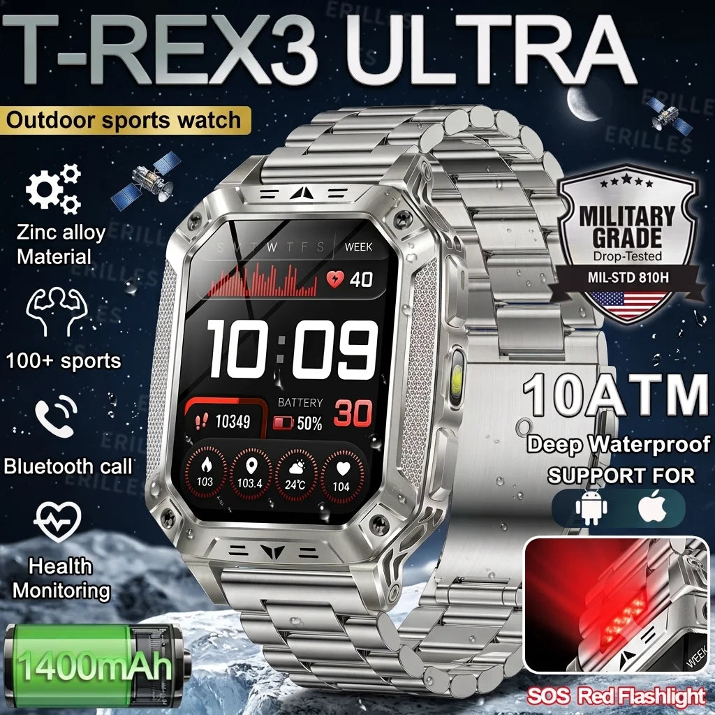2026 New Military Grade 1400mAh Sports Smart Watch 10ATM Waterproof Flashlight Heart Rate Bluetooth Call Outdoor Smartwatch Men