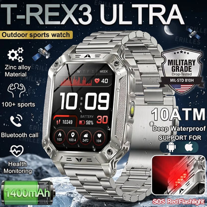 2026 New Military Grade 1400mAh Sports Smart Watch 10ATM Waterproof Flashlight Heart Rate Bluetooth Call Outdoor Smartwatch Men