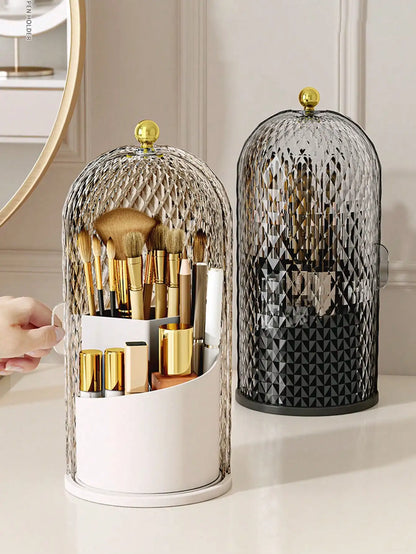 Transparent Sliding Door Birdcage Cosmetic Storage Box 360° Rotatable Makeup Brush Organizer Holder Multi Compartment Vanity Storage For Lip Liner Eyebrow Tools Makeup Brushes 1 Piece
