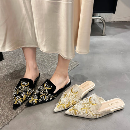 Embroidery Women Mules Slippers Luxury Elegant Pointed Toe Slides Shoes Ladies Sandalias Pointed Bead Embroidery Roman Style