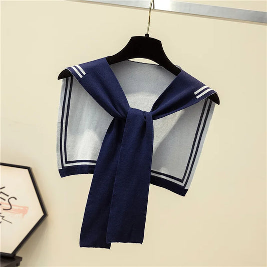 Korean College Navy Stripe Wool Knit Shoulder Cape Knotted Warm Overlapping Shawl Women Summer Neck Scarf T56