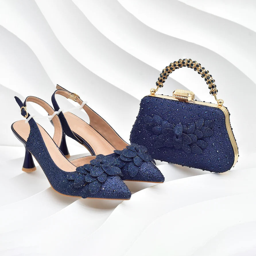 Original Italian Shoes and Bag Set for Women Full Rhinestone Chic and Elegant Woman Shoes and Bag for Party Wedding Pumps