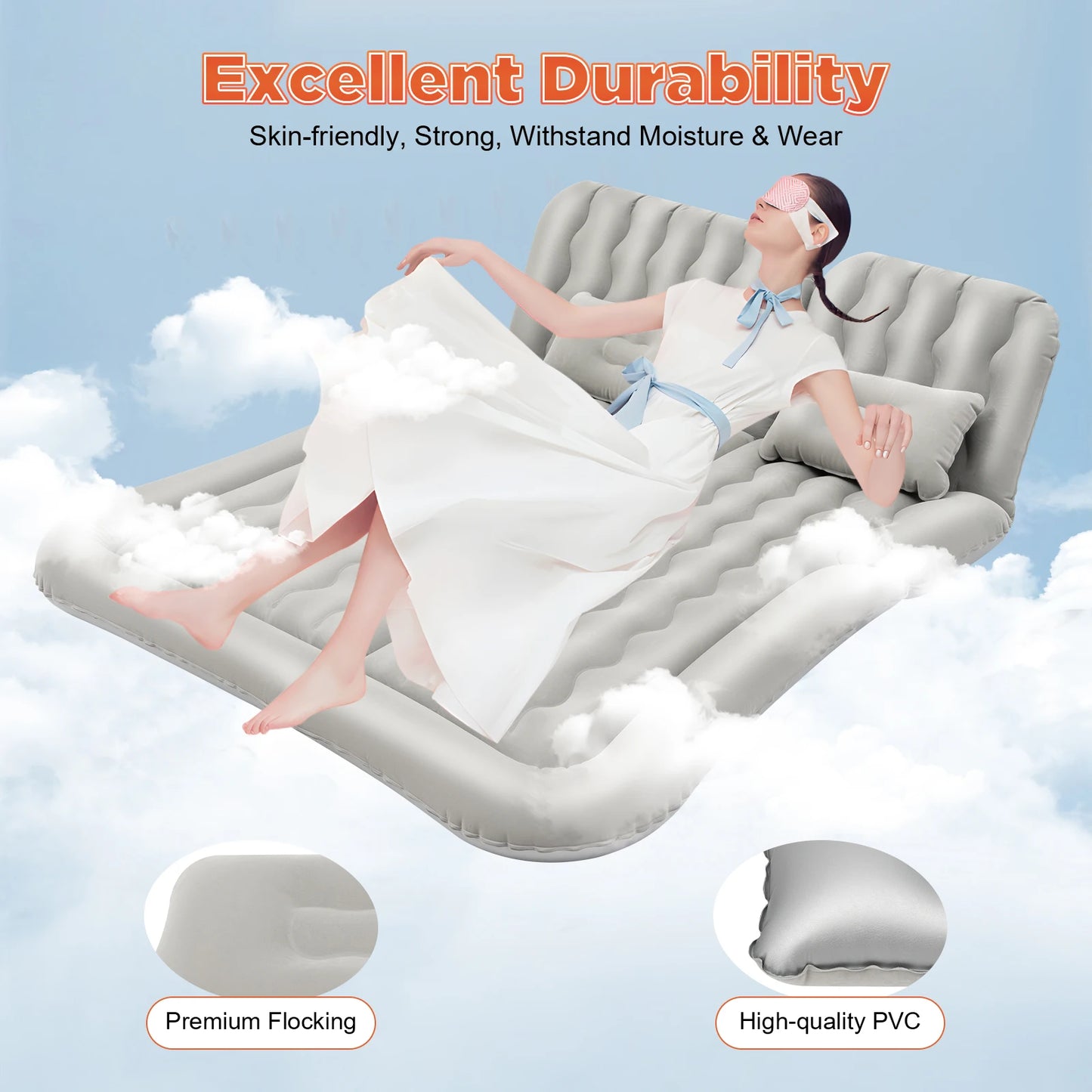 Universal Foldable Inflatable Bed Portable Inflatable Mattress Set Car Back Seat Sleeping Flocking Air Bed Cushion w/Pump+Pillow